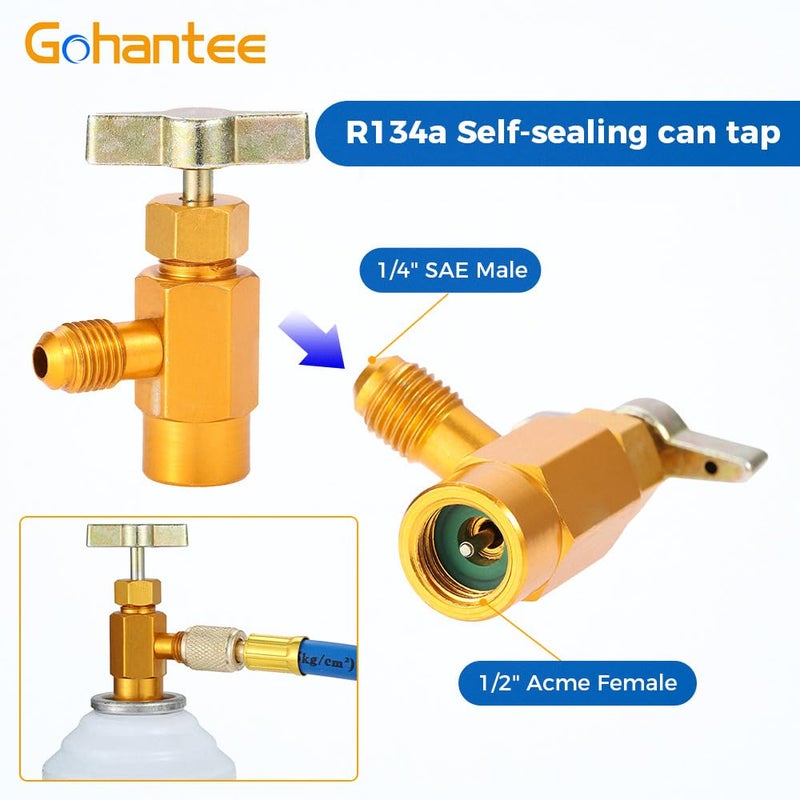 gohantee طقم خرطوم شحن R134a مع مقياس، خرطوم شحن مبرد تكييف 51 بوصة، طقم قياس خرطوم شحن مبرد، صنبور مبرد R-134a ذاتي الإغلاق لتوصيل R-12/R-22، يتضمن وصلة سريعة للجانب المنخفض R134a - Image 3